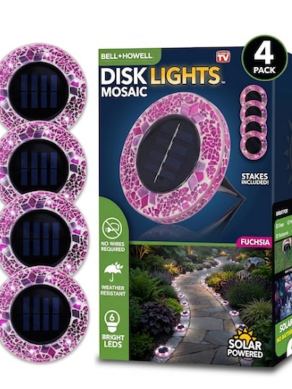 BELL + HOWELL 4 -Pack Mosaic Disk Lights 24 -Lumens Mosaic Fuchsia Solar LED - Picture 2 of 11